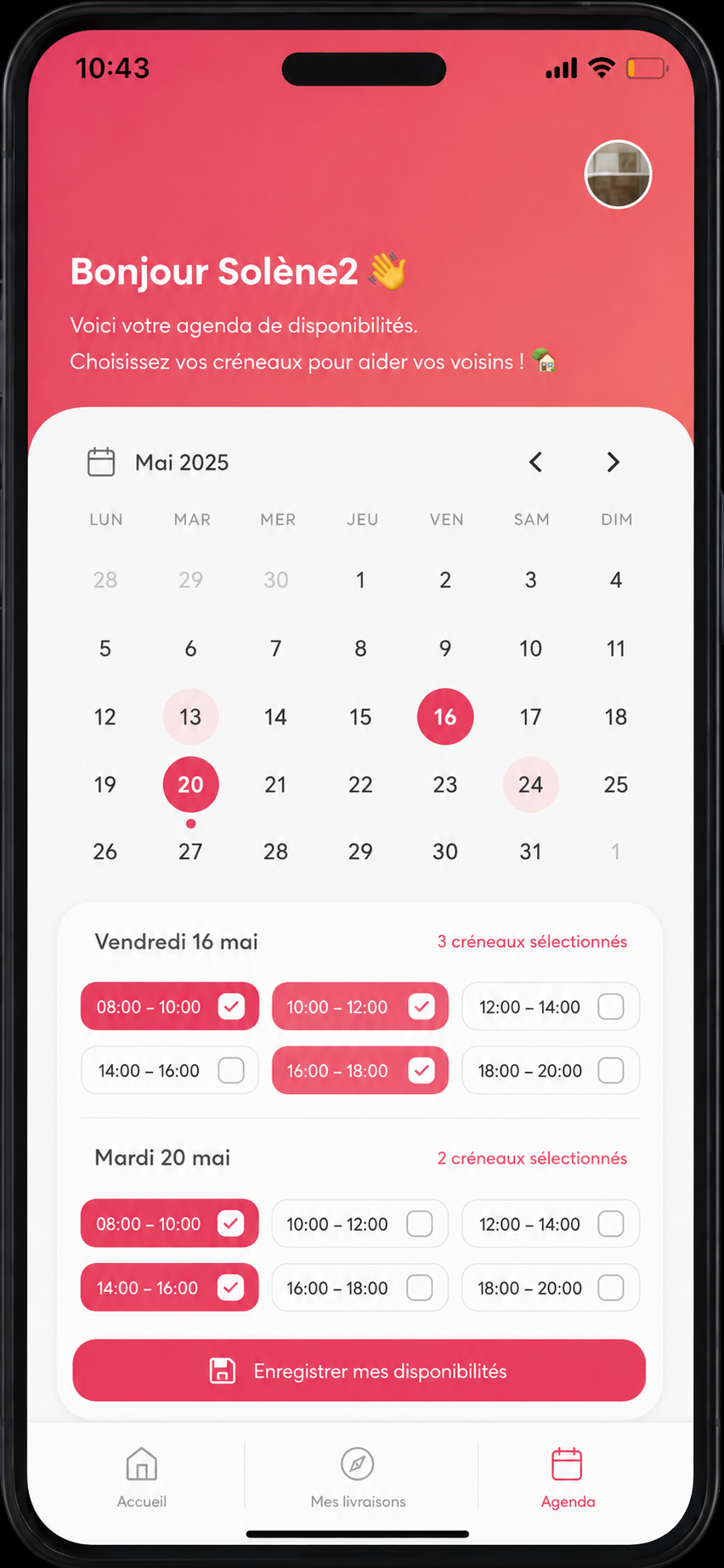 Planning de disponibilité de l'application