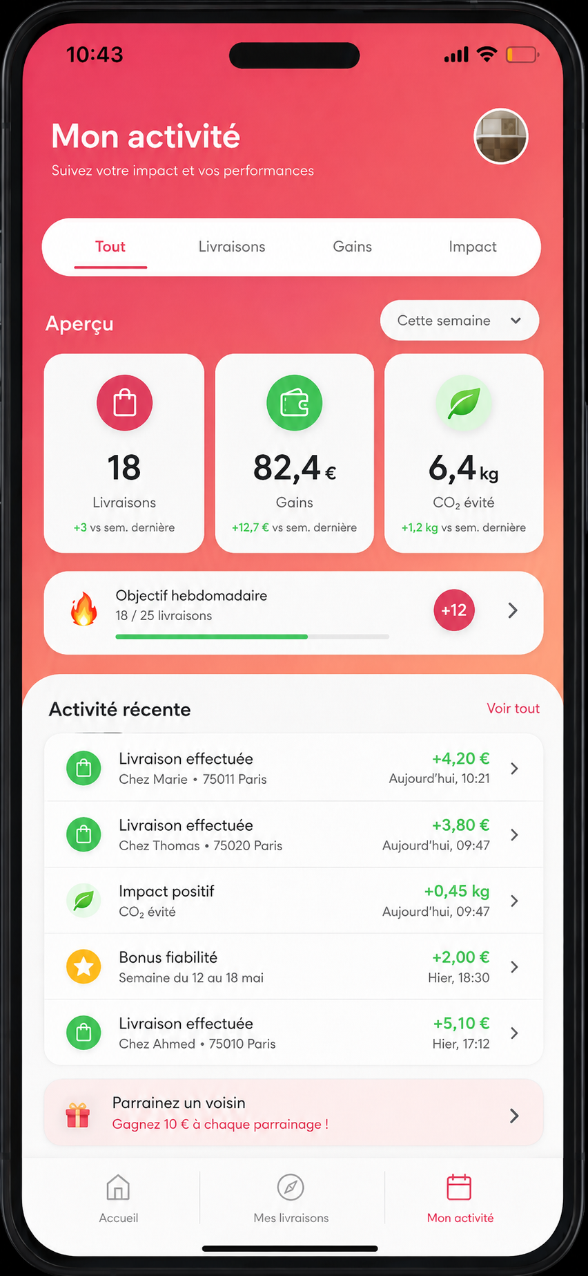 Écran principal de l'application de livraison entre voisins