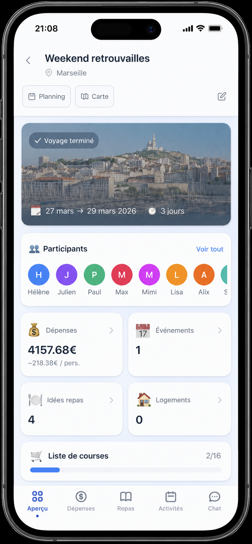 Écran principal de l'application TripMate